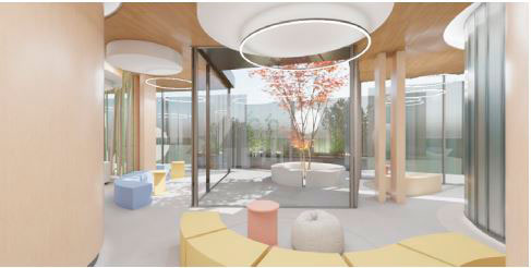 sala de espera con colores cálidos